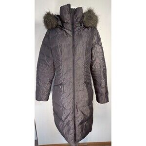 1 Madison Long Puffer Coat Women’s M Down Blend Grey Hooded Faux Fur Trim